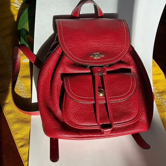 Coach Women's Pennie Pebble Leather Red Backpack 22